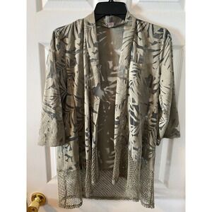 Easywear by Chicos Olive Green Burnout Palm Leaf Open Front Cardigan Mesh Trim 1